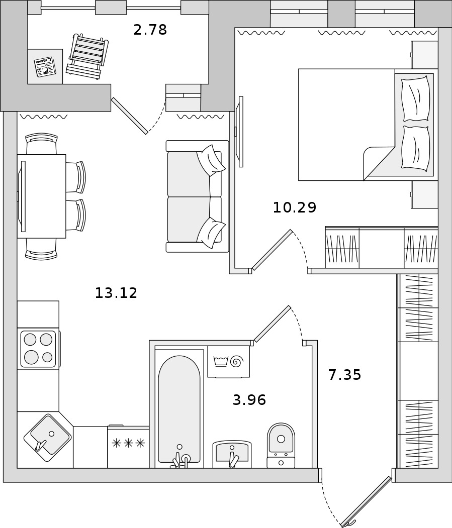 1-комнатная квартира 34.72 м², 13/13 эт., ЖК «Мурино Space»